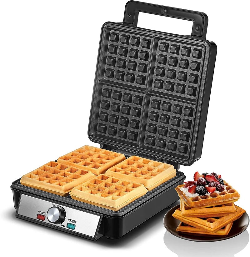 FOHERE 1200W Belgian Waffle Maker 4-Slice, Stainless Steel, 5 Browning Levels, Non-Stick Surfaces, Silver/Black, - Perfect for Family Breakfasts (Black) - Image 1